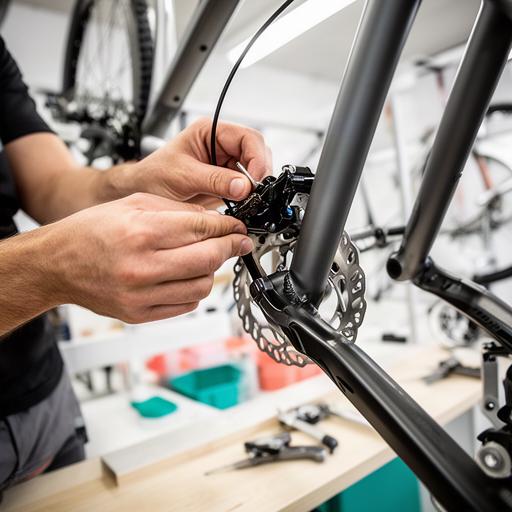 Hände prüfen die Bremse eines Mountainbikes in einer hellen Fahrradwerkstatt
