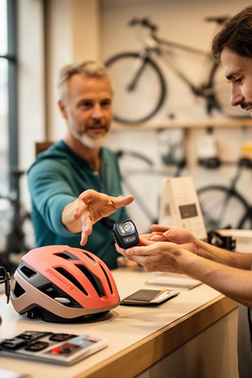 Beratung zu Fahrradhelm und Velolicht an einer gut ausgestatteten Ladentheke