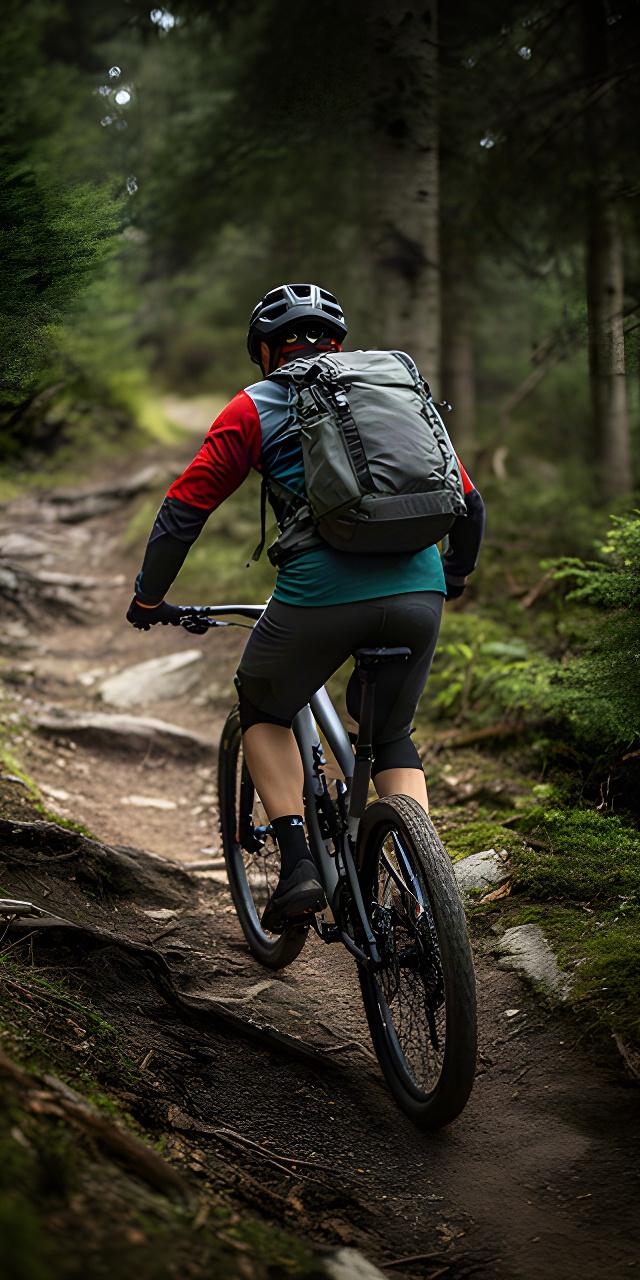 Mountainbike-Fahrer mit Helm und Rucksack auf einem bewaldeten Trail bei Regensdorf